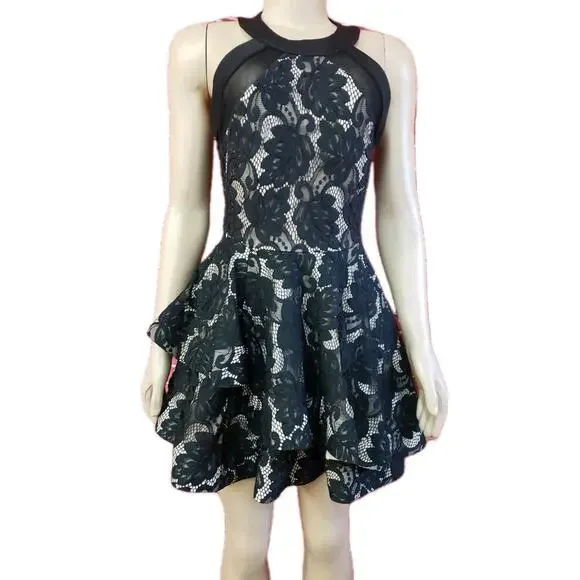 Trac High Neck Fit & Flare Nude Black Lace Laywred Dress Woman's Size M #CB5 - Picture 6 of 9